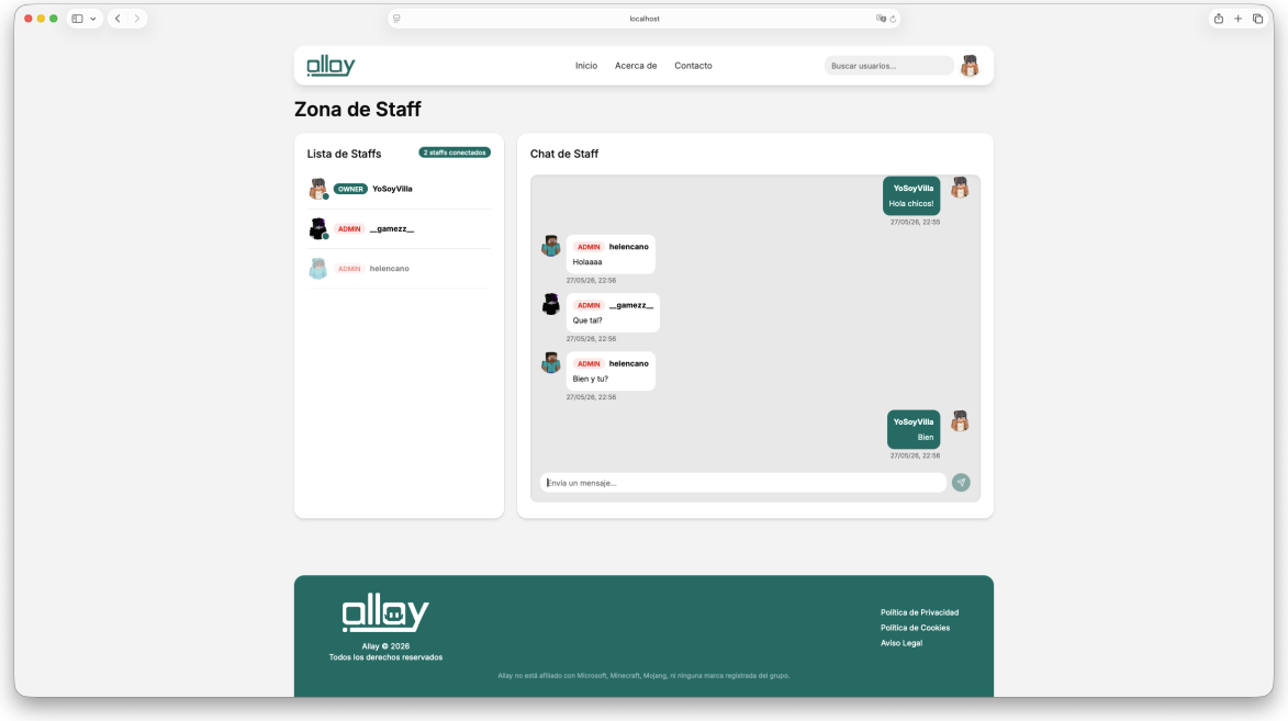 Zona de staff con la lista de staff conectado y su chat